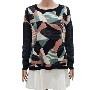 Peruvian Connection Pima Cotton Knit Abstract Patchwork Pullover Sweater